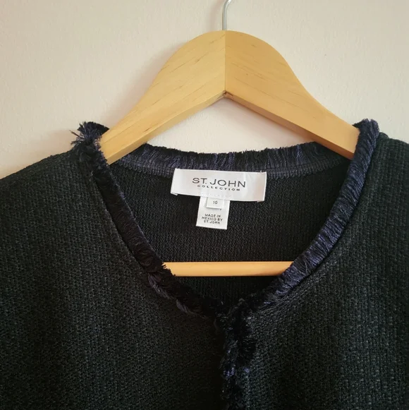 St. John Collection Boucle Wool Blend Fringe-Trim Blazer Black Navy Size 10 - Picture 12 of 12